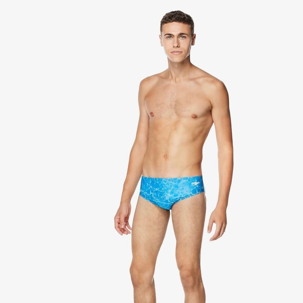 Speedo NWT Men’s Shimmer Pool Brief Performance Racing Suit Blue Atoll sz 34